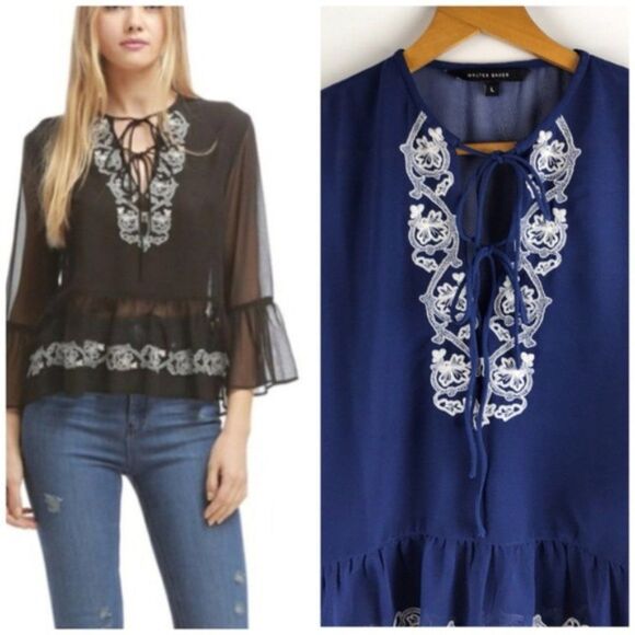 Walter Baker Embroidered Semi Sheer Peasant Top large NWT - Picture 1 of 7